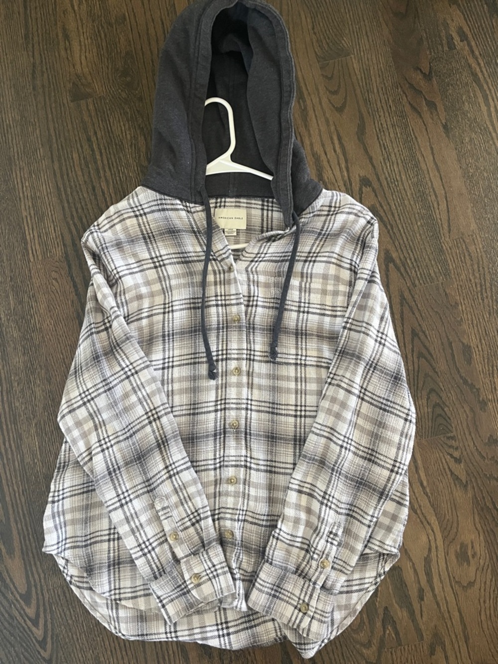 American Eagle Charcoal and Cream Plaid Hooded Button-Up